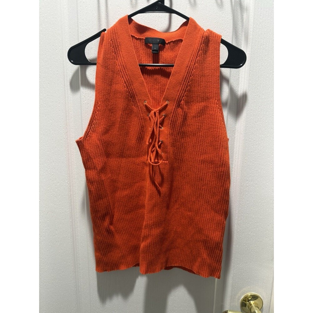 J Crew Orange Ribbed Knit Lace Up V Neck Sleeveless Tank Top Size L